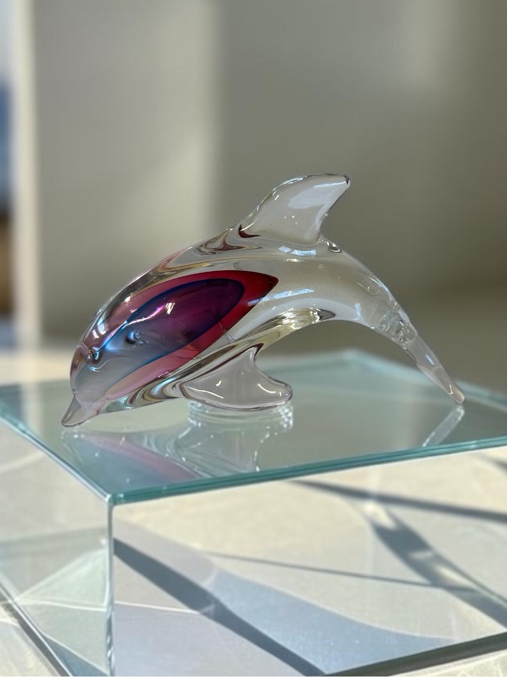 Clear Hand Blown Glass Dolphin with Submerged Pink Blue Paper Weight Figurine